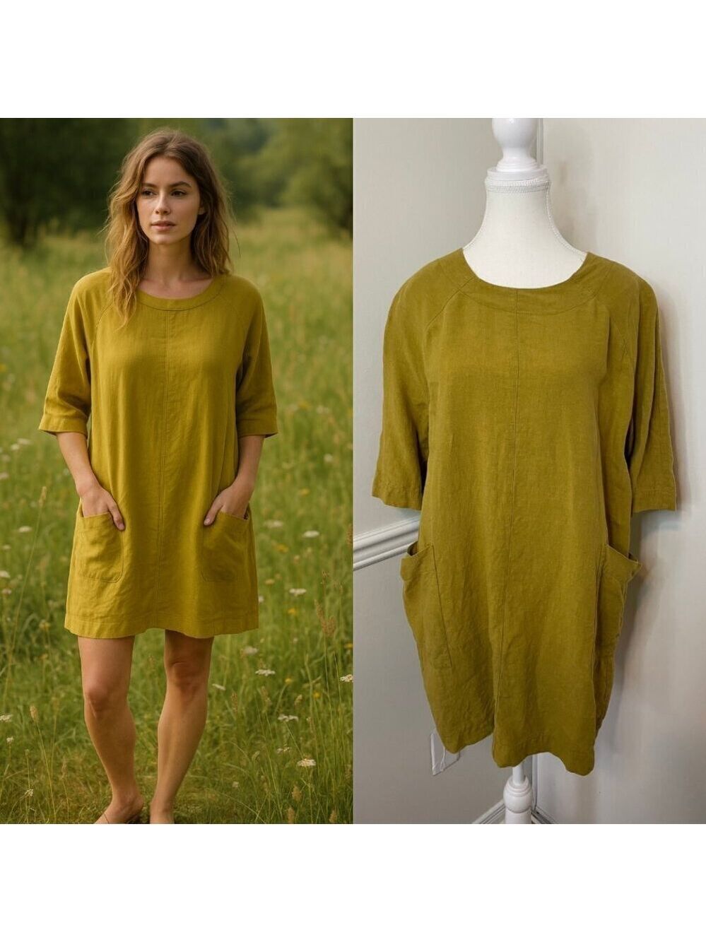 Ayrtight Chartreuse Linen Tunic Dress with Pockets S